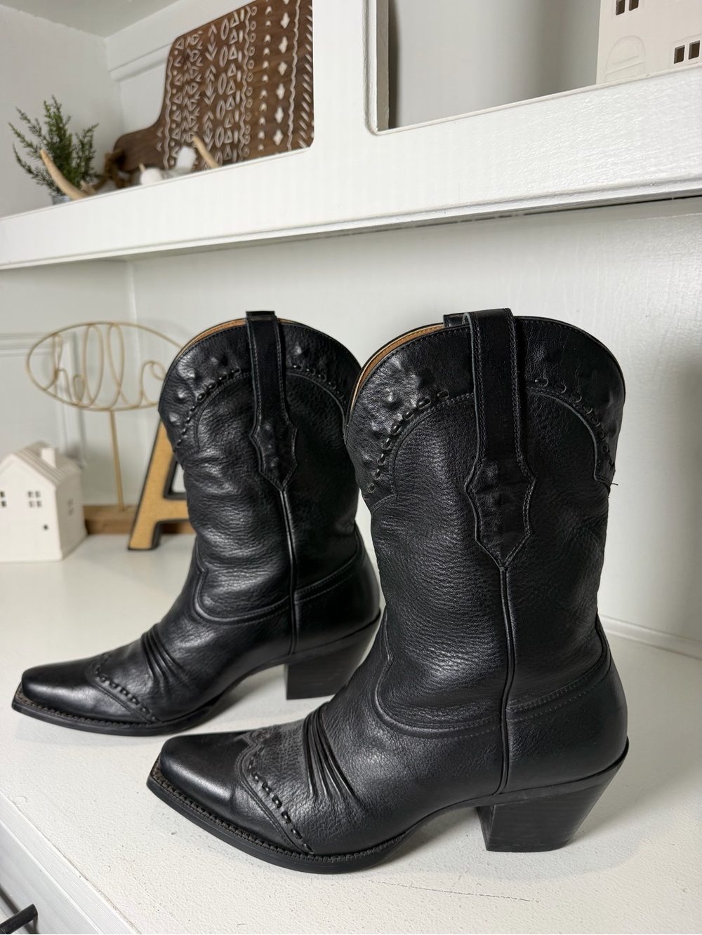 Ariat Womens 9.5 Black Leather Square Toe Cowboy Boots Western Whipstitch